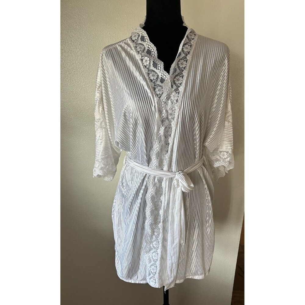 Fredrick’s Of Hollywood White Satin Pinstripe Lace Robe Vintage Bridal Coquette